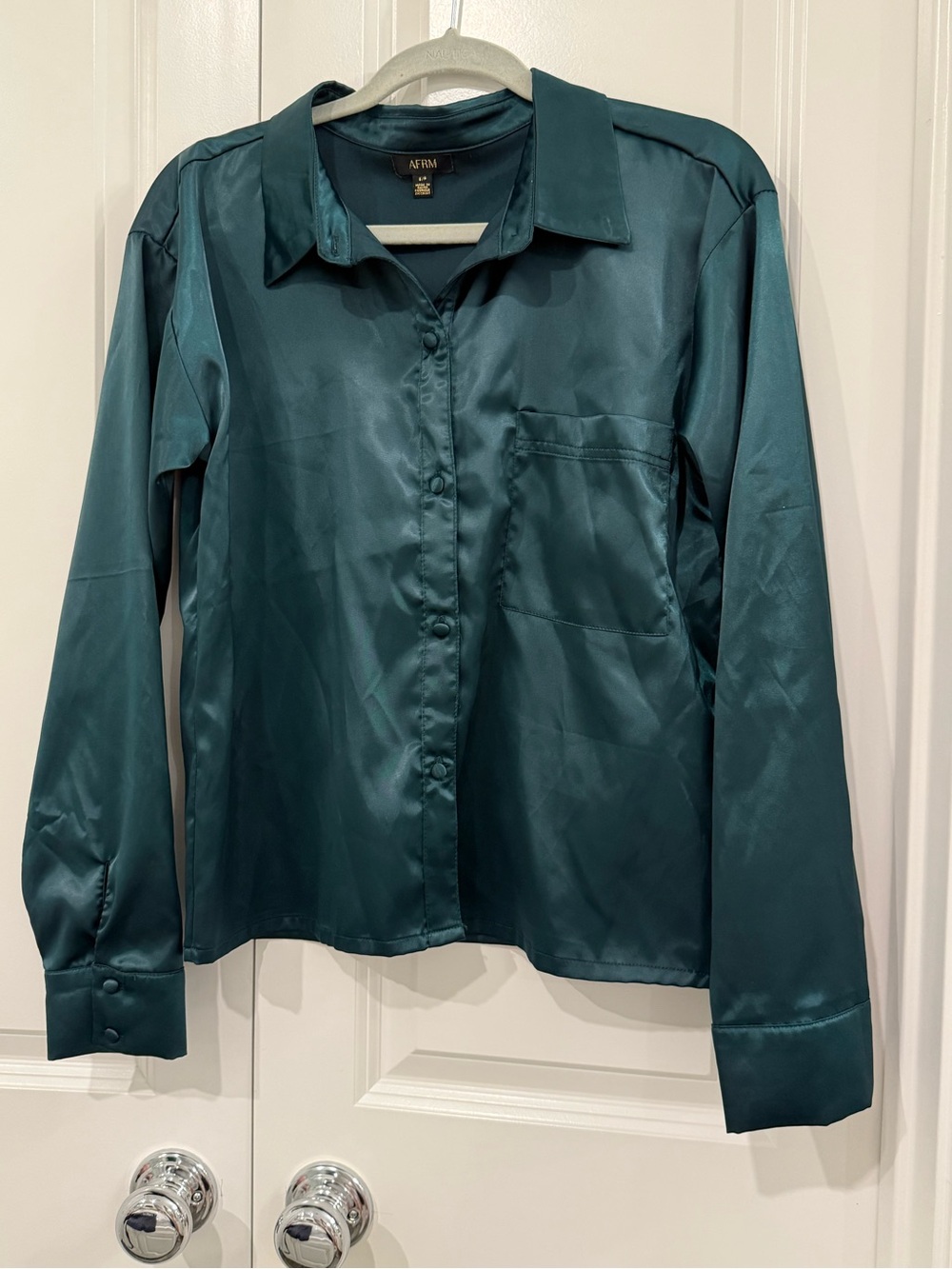 AFRM Emerald Satin Button-Down Blouse